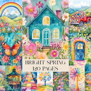 Puede incluir: Ilustraciones en acuarela con temática de primavera. La imagen presenta una casa turquesa, un camión rojo lleno de flores, una mariposa y un arcoíris. El texto dice "BRIGHT SPRING - 120 PAGES".