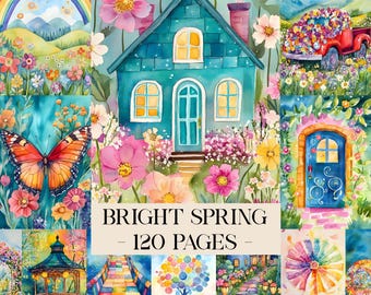 May include: A collection of watercolour illustrations with a bright spring theme. The image includes a teal house, a red truck filled with flowers, a butterfly, and a rainbow. Text reads "BRIGHT SPRING - 120 PAGES".