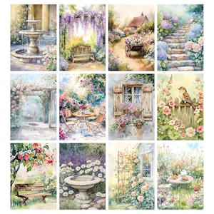 May include: A collection of watercolor paintings depicting serene garden scenes. Each painting showcases elements like fountains, benches, wisteria, pathways, and tables, all surrounded by vibrant flowers and lush greenery. The artwork evokes a sense of tranquility and natural beauty.