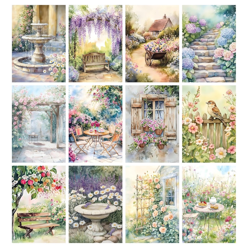 May include: A collection of watercolor paintings depicting serene garden scenes. Each painting showcases elements like fountains, benches, wisteria, pathways, and tables, all surrounded by vibrant flowers and lush greenery. The artwork evokes a sense of tranquility and natural beauty.