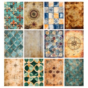 May include: A collection of twelve decorative art prints featuring various designs. The prints showcase patterns such as fleur-de-lis, compass roses, geometric shapes, and tile motifs. The color palette includes teal, brown, gold, and blue tones, with a vintage, aged aesthetic.