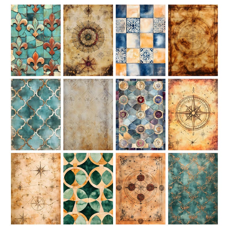 May include: A collection of twelve decorative art prints featuring various designs. The prints showcase patterns such as fleur-de-lis, compass roses, geometric shapes, and tile motifs. The color palette includes teal, brown, gold, and blue tones, with a vintage, aged aesthetic.