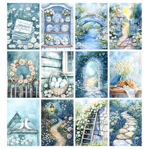 May include: A collection of watercolor art prints featuring serene garden scenes. The prints showcase a variety of subjects, including a bridge over a stream, a garden gate, a floral wreath, and a stone pathway, all in soft blue and white tones.