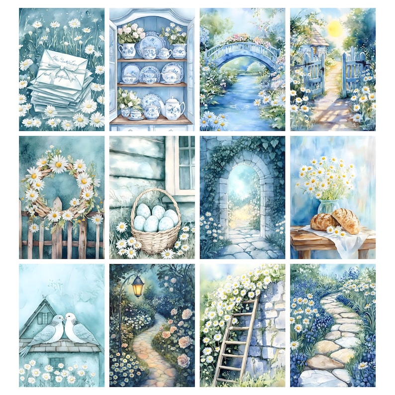 May include: A collection of watercolor art prints featuring serene garden scenes. The prints showcase a variety of subjects, including a bridge over a stream, a garden gate, a floral wreath, and a stone pathway, all in soft blue and white tones.