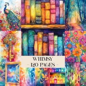 Może przedstawiać: Kolaż akwarelowych ilustracji przedstawiających pawia, klucz, leśną ścieżkę i kolorowe kwiaty. Obraz zawiera półkę z książkami i tekst "Whimsy - 120 Pages". Grafika ma fantazyjny i fantastyczny motyw.