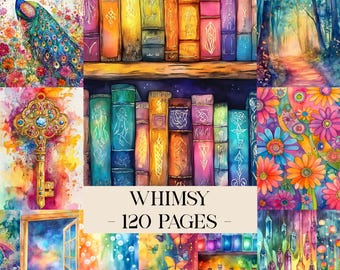 May include: A collection of watercolour illustrations including a peacock, a key, a forest path, and colourful flowers. The image features a bookshelf with books and the text "Whimsy - 120 Pages". The artwork has a whimsical and fantasy theme.