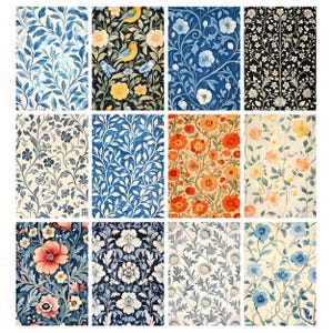 May include: A collection of twelve patterned fabric swatches. The designs feature floral and botanical motifs in various color palettes, including blue, orange, and black. Some swatches have a bird design. The patterns are suitable for wallpaper or fabric.