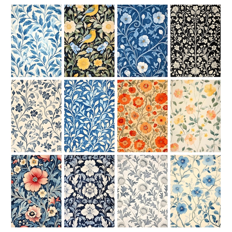 May include: A collection of twelve patterned fabric swatches. The designs feature floral and botanical motifs in various color palettes, including blue, orange, and black. Some swatches have a bird design. The patterns are suitable for wallpaper or fabric.