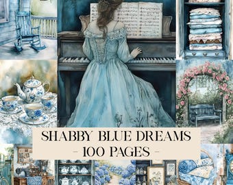 Blue Shabby Chic Junk Journal Kit, Vintage Digital Papers, French Country Ephemera, Romantic Floral Backgrounds, Printable Antique Paper