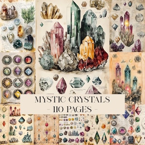 May include: A collage of illustrations featuring various crystals in shades of purple, green, yellow, and clear. The text "MYSTIC CRYSTALS - 110 PAGES -" is displayed in a banner across the center of the image. The illustrations are on aged paper.