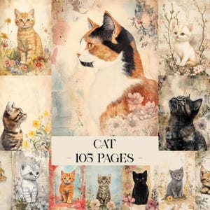 Puede incluir: Un collage de ilustraciones de gatos en acuarela en varias poses y colores, rodeado de detalles florales. El texto "CAT - 105 PAGES -" está centrado en la parte inferior, indicando un producto temático.