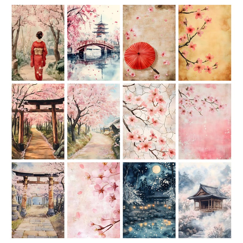May include: A collection of watercolor paintings featuring Japanese landscapes and cherry blossoms. Scenes include a woman in a red kimono, a red bridge, a red umbrella, and a path leading to a traditional gate. The artwork evokes a sense of tranquility and beauty.