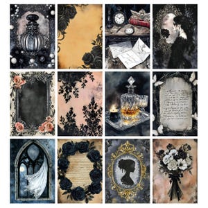 May include: A collection of gothic-themed art prints featuring various designs. The prints showcase a perfume bottle, black roses, a pocket watch, a woman in a mirror, a decorative frame, a decanter with a candle, a window, a silhouette, and a bouquet.