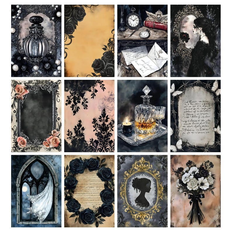 May include: A collection of gothic-themed art prints featuring various designs. The prints showcase a perfume bottle, black roses, a pocket watch, a woman in a mirror, a decorative frame, a decanter with a candle, a window, a silhouette, and a bouquet.
