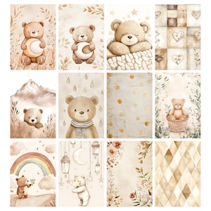 May include: A collection of watercolor illustrations featuring teddy bears in various scenes. The images showcase bears holding moons, nestled in baskets, and interacting with rainbows and stars. The color palette is soft, with warm browns, creams, and touches of pastel.
