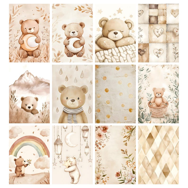 May include: A collection of watercolor illustrations featuring teddy bears in various scenes. The images showcase bears holding moons, nestled in baskets, and interacting with rainbows and stars. The color palette is soft, with warm browns, creams, and touches of pastel.