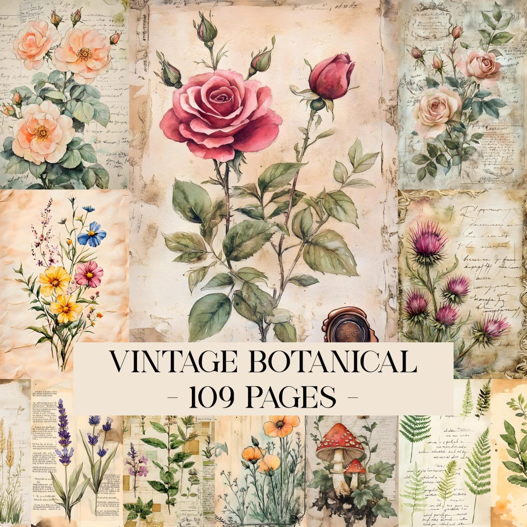 Vintage Botanical Junk Journal Kit, Nature Garden Plants Digital Paper ...
