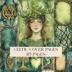 Op de afbeelding: Digitale kunstcompositie met een vrouw met een bladerkroon, omringd door Keltische omslagpagina's. Het kleurenpalet wordt gedomineerd door groen en goud, met de tekst "CELTIC COVER PAGES - 115 PAGES". Het thema is mystiek.
