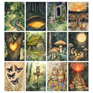 Pu&ograve; includere: Una collezione di stampe artistiche ad acquerello con scene di boschi stravaganti. Le stampe raffigurano sentieri, ponti, un cottage, funghi, cervi, farfalle, un gufo e un cuore intagliato in un albero. L'opera d'arte ha una qualit&agrave; morbida e sognante.