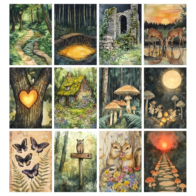 Pu&ograve; includere: Una collezione di stampe artistiche ad acquerello con scene di boschi stravaganti. Le stampe raffigurano sentieri, ponti, un cottage, funghi, cervi, farfalle, un gufo e un cuore intagliato in un albero. L'opera d'arte ha una qualit&agrave; morbida e sognante.