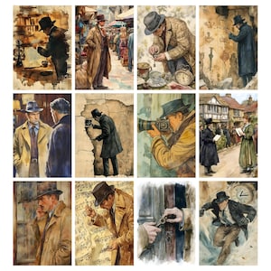 May include: A collection of watercolor illustrations depicting scenes of a detective in various settings. The images feature a man in a trench coat and fedora hat, engaged in activities such as examining clues, taking photos, and investigating crime scenes. The color palette is muted with sepia tones.