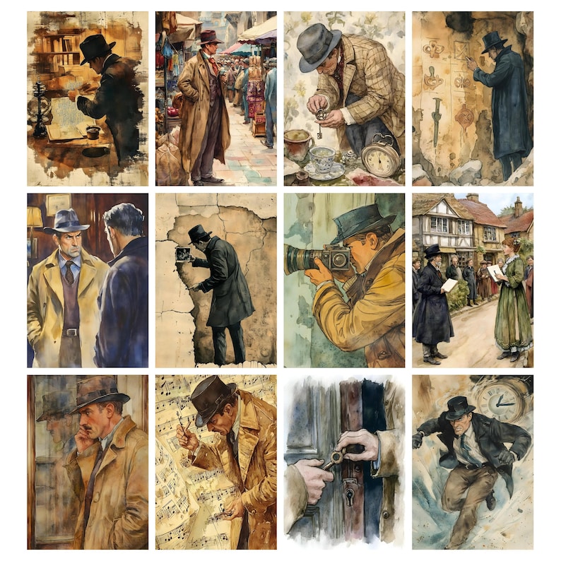 May include: A collection of watercolor illustrations depicting scenes of a detective in various settings. The images feature a man in a trench coat and fedora hat, engaged in activities such as examining clues, taking photos, and investigating crime scenes. The color palette is muted with sepia tones.