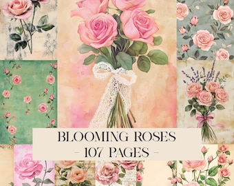 Blooming Roses Filler Journal Pages, Printable Lined & Patterned Writing Paper, Rose Themed Junk Journal Kit, Digital Roses Papers, Floral