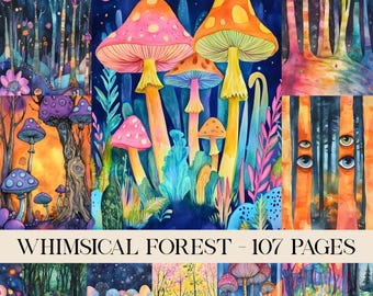 Ongewenste dagboekpagina's, grillig bos, bosdagboek, fantasy-junkdagboek, kleurrijke fantasie bospaddestoelprintables, digitaal papier