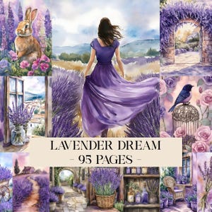May include: A watercolour art print showing a woman in a purple dress in a lavender field. A rabbit, bird, and floral archway are also depicted. The text "LAVENDER DREAM - 95 PAGES" is displayed.