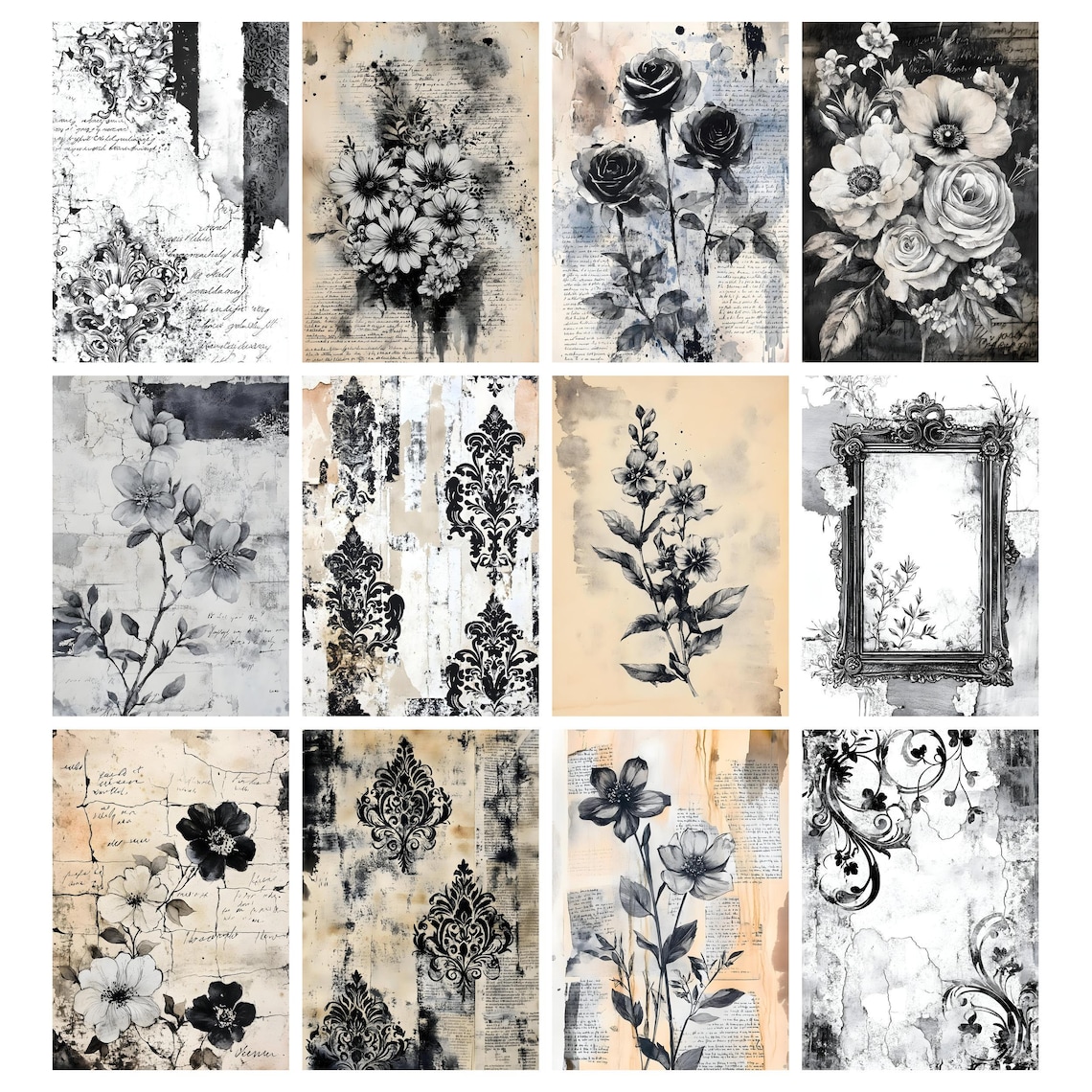 Black and White Distressed Junk Journal Pages, Vintage Grunge Printable ...