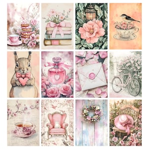 May include: A collection of watercolor illustrations featuring a variety of romantic themes. Images include a squirrel holding a heart, a perfume bottle, a teacup, a bicycle, books with a bow, and a floral wreath. The color palette is soft pinks and pastels.