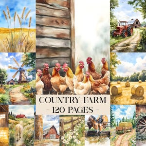 May include: Watercolor illustrations of a country farm scene. The image features a red tractor, chickens, a windmill, hay bales, and a horse. The text "COUNTRY FARM - 120 PAGES" is displayed in the center.