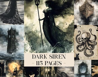 Páginas de diario basura de sirena oscura, efímeras de sirena gótica, papel imprimible de bruja marina, papeles de álbum de recortes de fantasía oceánica, kit de diario náutico