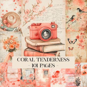 Könnte beinhalten: Eine Collage in Korall- und Cremetönen. Sie zeigt eine korallenfarbene Kamera auf Büchern, einen Strohhut mit rosa Schleife, einen Blumenstrauß, Schmetterlinge, Vögel und den Text "CORAL TENDERNESS - 101 PAGES".