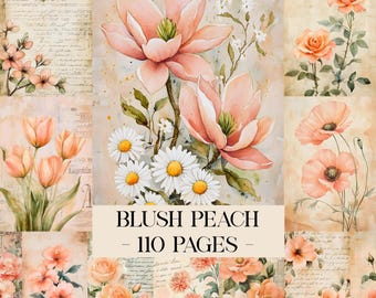 Páginas imprimibles de diario basura color melocotón ruborizado, kit de diario basura con flores, papeles para álbumes de recortes, papel imprimible, hoja de collage digital, papeles vintage