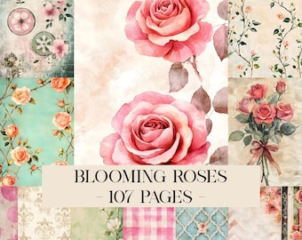 Decorative Journal Pages, Junk Journal Paper Pack, Printable Shabby Chic Blooming Roses Patterns, Flowers Papers, Scrapbook Backgrounds