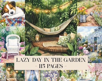 Pagine di diario "Giornata pigra in giardino", kit di diario "Libro di giardinaggio", kit di carte per album, stampabile "Giardiniere", foglio di collage di piante