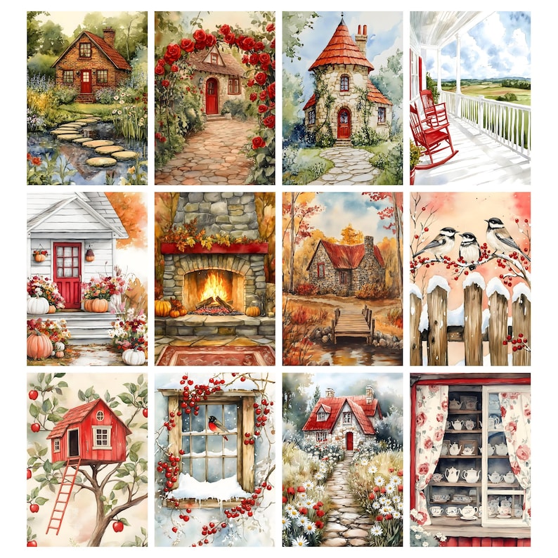 May include: A collection of watercolor paintings depicting cozy cottages and charming scenes. Each painting showcases a different house, some with stone pathways, red doors, and lush gardens. The artwork evokes a sense of warmth and tranquility, perfect for home decor.