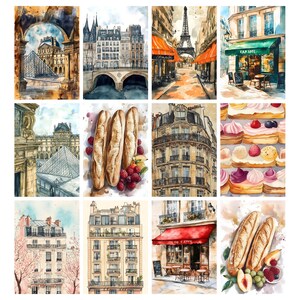 May include: A collection of watercolor paintings depicting scenes of Paris, France. The images include the Eiffel Tower, cafes, buildings, and food items like baguettes and pastries. The artwork has a vintage, artistic style.
