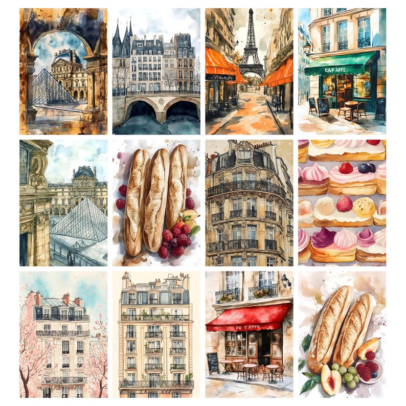 May include: A collection of watercolor paintings depicting scenes of Paris, France. The images include the Eiffel Tower, cafes, buildings, and food items like baguettes and pastries. The artwork has a vintage, artistic style.