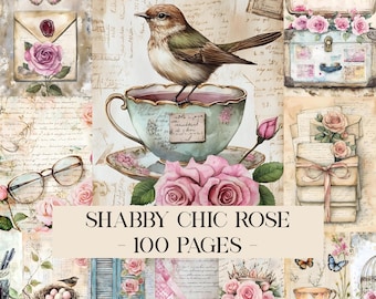 Shabby Chic Rose Junk Journal Kit, Floral Junk Journal Pages, Pastel, Bird, Rose Digital Papers, Printable Ephemera, Digital Download