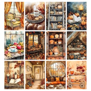 May include: A collage of watercolor paintings depicting cozy autumn scenes. Images include a reading nook, a cup of tea with cookies, pumpkins, books, and fall foliage. The color palette features warm oranges, browns, and yellows.