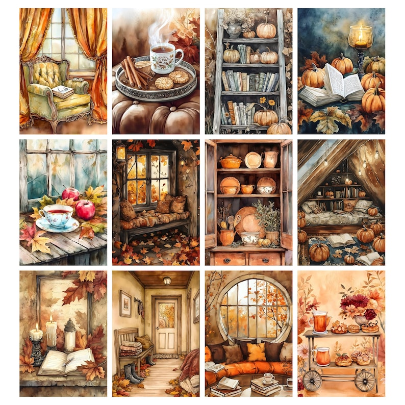 May include: A collage of watercolor paintings depicting cozy autumn scenes. Images include a reading nook, a cup of tea with cookies, pumpkins, books, and fall foliage. The color palette features warm oranges, browns, and yellows.