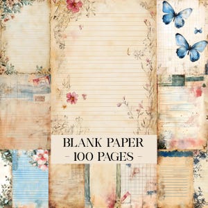 Puede incluir: Una colección de hojas de papel en blanco de estilo vintage con detalles florales y de mariposas. El papel tiene un aspecto envejecido y desgastado con patrones de líneas y cuadrículas. El texto "BLANK PAPER - 100 PAGES" se muestra en una pancarta beige.