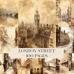 Könnte beinhalten: Eine Collage aus sepiafarbenen Aquarellillustrationen von Londoner Straßen und Wahrzeichen. Die Bilder zeigen den Big Ben, Brücken und Straßenszenen. Der Text auf dem Bild lautet "LONDON STREET - 100 PAGES".