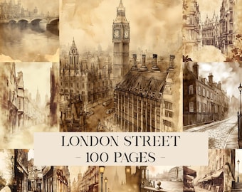 May include: A collage of sepia-toned watercolor illustrations of London streets and landmarks. The images include Big Ben, bridges, and street scenes. Text on the image reads "LONDON STREET - 100 PAGES".
