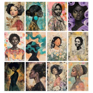 May include: A collection of twelve watercolor portraits of Black women. Each portrait features a different woman with unique hairstyles, clothing, and accessories. The color palette includes soft pastels, earthy tones, and vibrant accents, creating a diverse and artistic display.