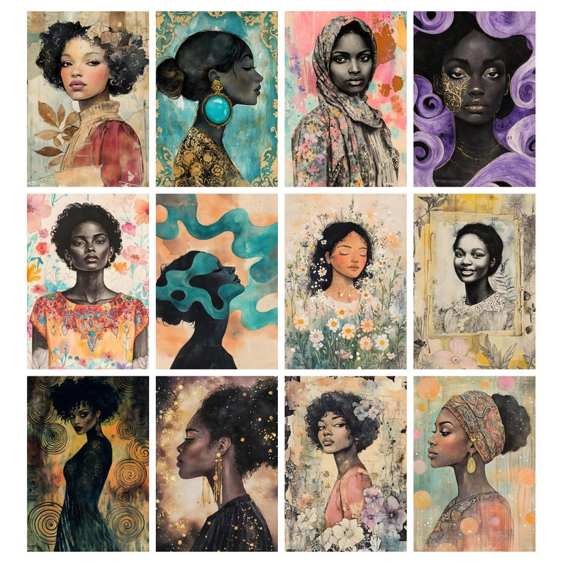 May include: A collection of twelve watercolor portraits of Black women. Each portrait features a different woman with unique hairstyles, clothing, and accessories. The color palette includes soft pastels, earthy tones, and vibrant accents, creating a diverse and artistic display.