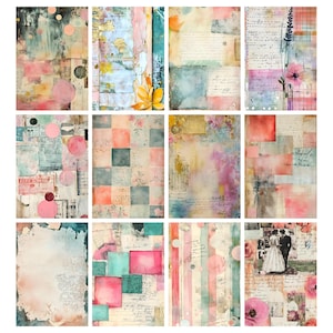 May include: A collection of twelve mixed media art prints. Each print features a unique collage of watercolor washes, vintage ephemera, and floral elements in soft pastel colors. The designs include circles, squares, and handwritten script.