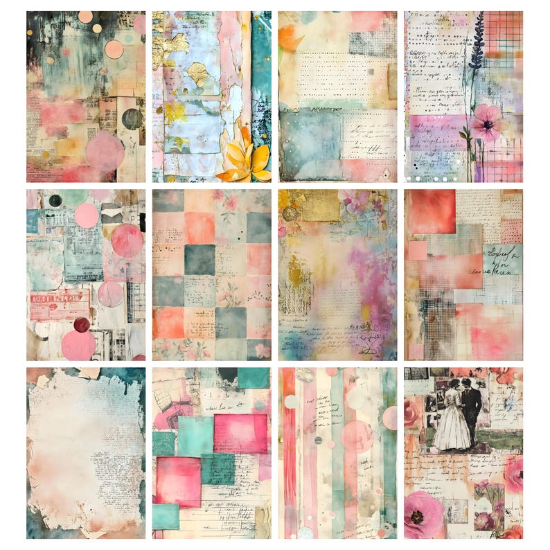 May include: A collection of twelve mixed media art prints. Each print features a unique collage of watercolor washes, vintage ephemera, and floral elements in soft pastel colors. The designs include circles, squares, and handwritten script.
